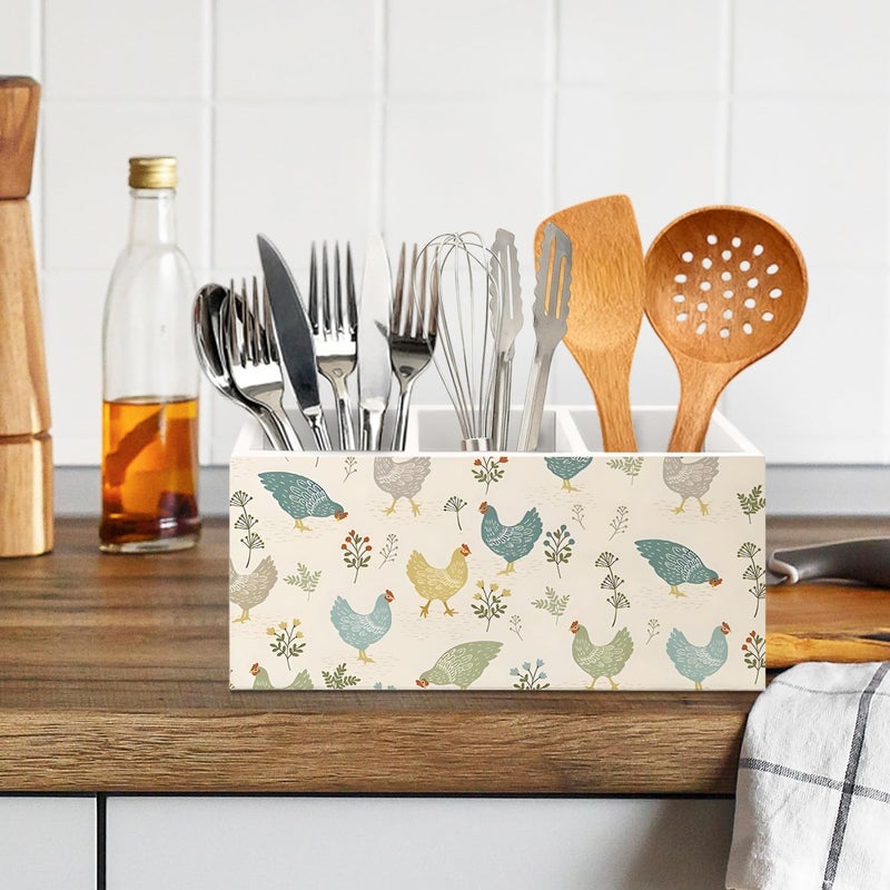 KBRCT Farmhouse Chicken Wooden Utensils Holder, Chicken Kitchen Decor, Vintage French Country Farm Animal Wood Cooking Utensil Holder Organizer for Kitchen Countertop Counter Decor - Image 5